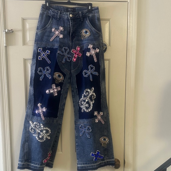 AKIRA Denim - AKIRA Blue Denim Flare Jeans with Pink Embroidery